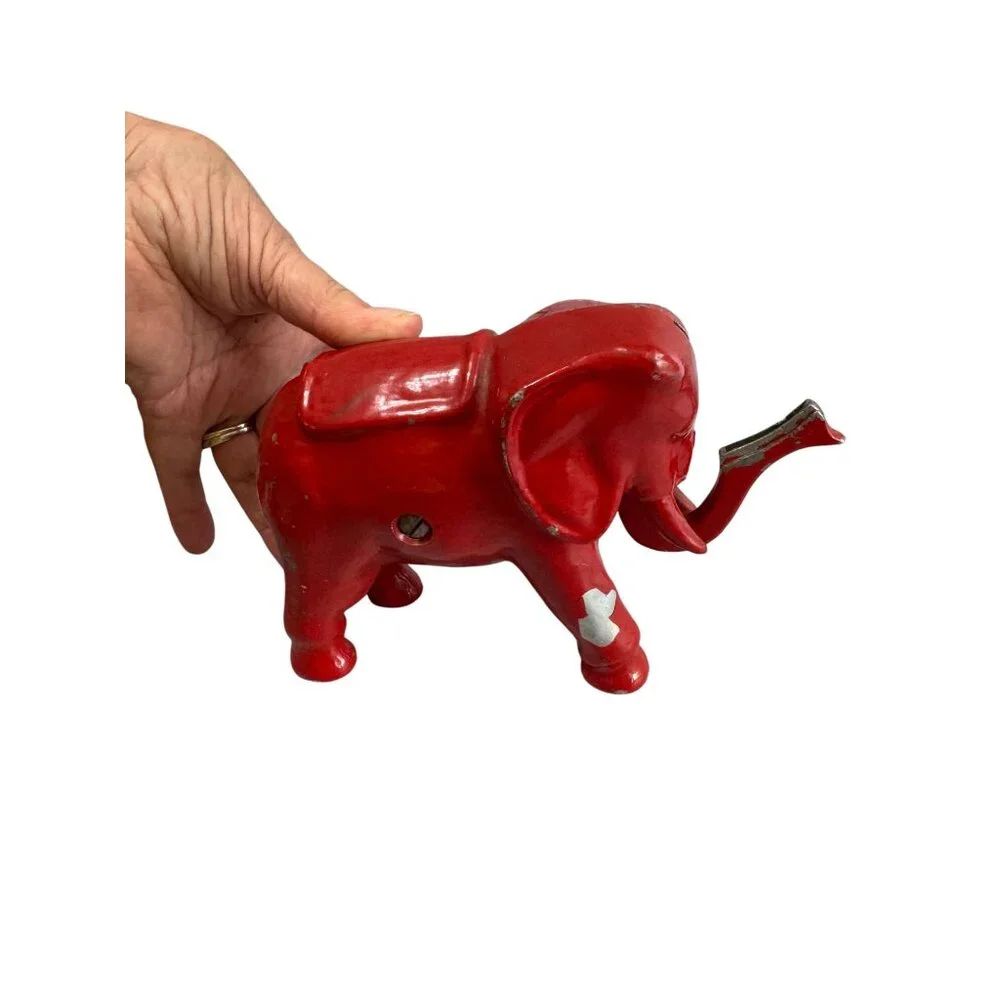 Antique Red Elephant Aluminum Push Tail Bank 7" X 5" Decorative Collectible - Picture 5 of 8